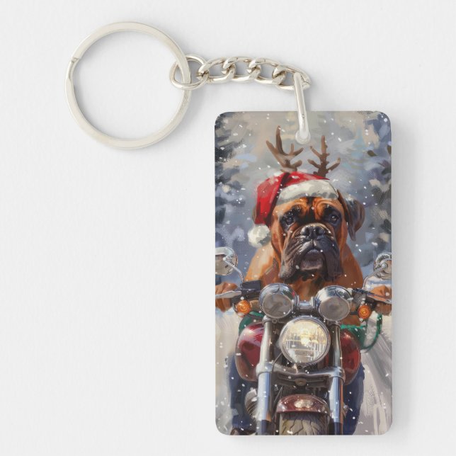 Bullmastiff Dog Riding Motorcycle Christmas  Keychain (Front)