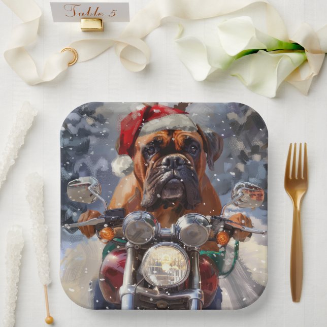 Bullmastiff Dog Riding Motorcycle Christmas  Paper Plates (Wedding)