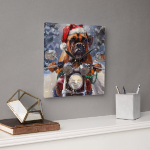 Bullmastiff Dog Riding Motorcycle Christmas Square Wall Clock