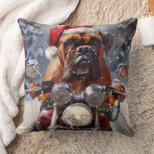 Bullmastiff Dog Riding Motorcycle Christmas  Throw Pillow (Blanket)