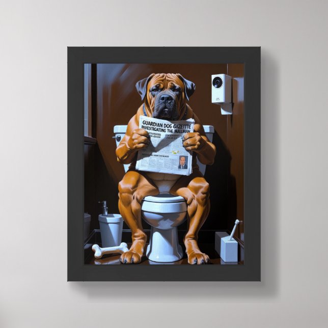 Bullmastiff Dog Sitting On Toilet Funny  Framed Art (Framed Front)
