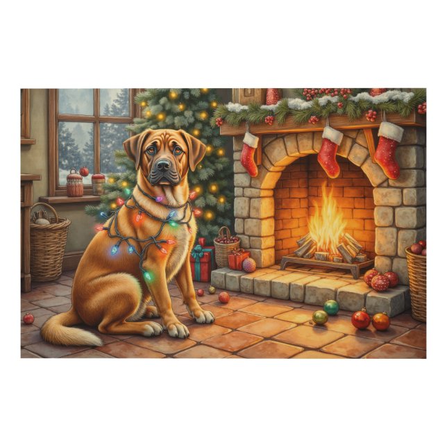 Bullmastiff Fireplace with Christmas Lights Wood Wall Art (Front)