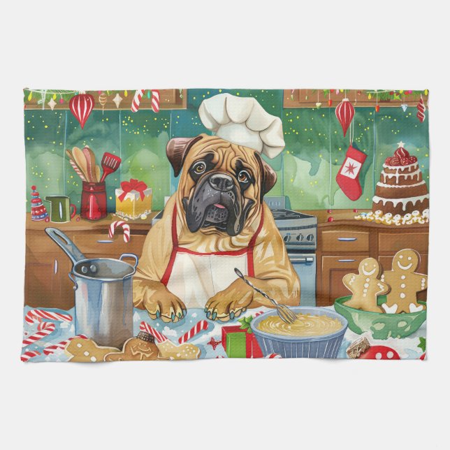 Bullmastiff Holiday Baking: Festive Christmas Kitchen Towel (Horizontal)