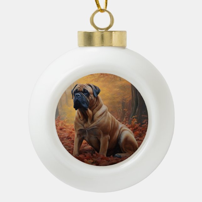 Bullmastiff  in Autumn Leaves Fall Inspire Ceramic Ball Christmas Ornament (Front)