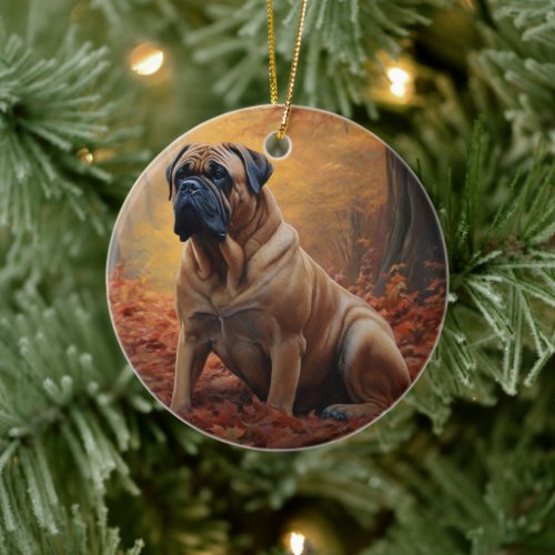 Bullmastiff  in Autumn Leaves Fall Inspire Ceramic Ornament