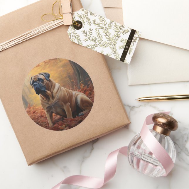 Bullmastiff  in Autumn Leaves Fall Inspire Classic Round Sticker (Gifting)