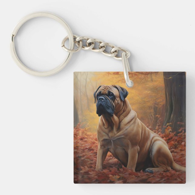 Bullmastiff  in Autumn Leaves Fall Inspire Keychain (Front)