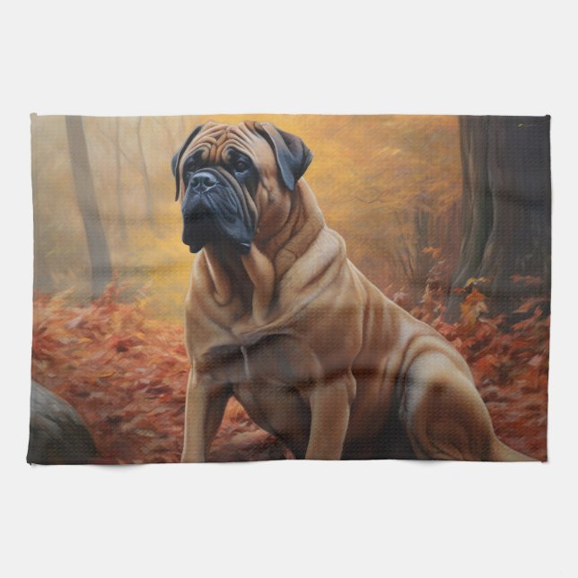 Bullmastiff  in Autumn Leaves Fall Inspire Kitchen Towel (Horizontal)