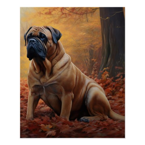 Bullmastiff  in Autumn Leaves Fall Inspire Poster