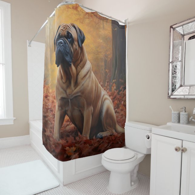 Bullmastiff  in Autumn Leaves Fall Inspire Shower Curtain (In Situ)