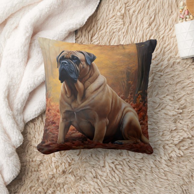 Bullmastiff  in Autumn Leaves Fall Inspire Throw Pillow (Blanket)