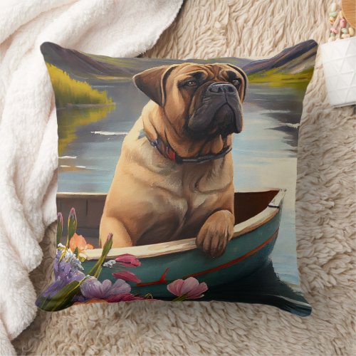 Bullmastiff on a Paddle A Scenic Adventure  Throw Pillow