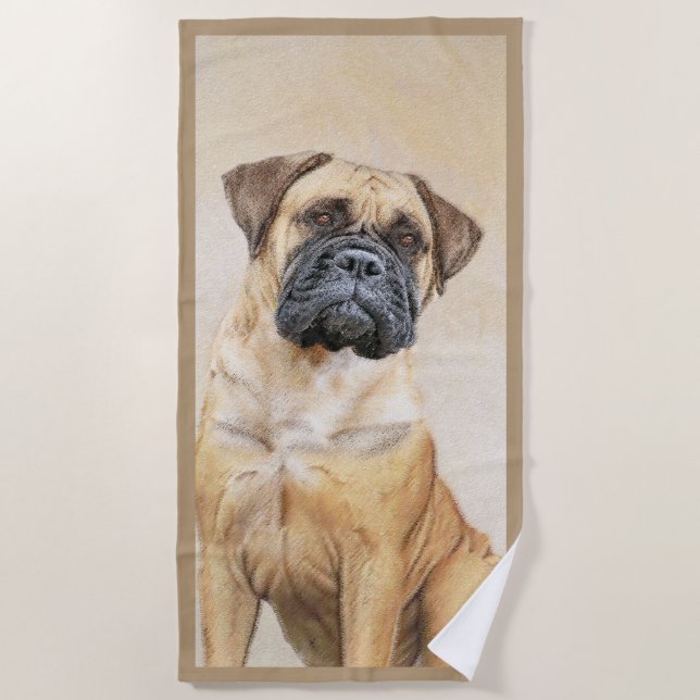 Bullmastiff Painting - Cute Original Dog Art Beach Towel (Front)