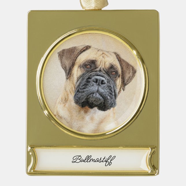 Bullmastiff Painting - Cute Original Dog Art Gold Plated Banner Ornament (Front)