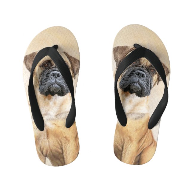 Bullmastiff Painting - Cute Original Dog Art Kid's Flip Flops (Footbed)