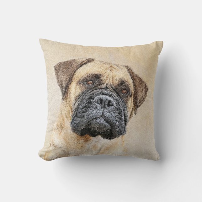 Bullmastiff Painting - Cute Original Dog Art Throw Pillow (Front)
