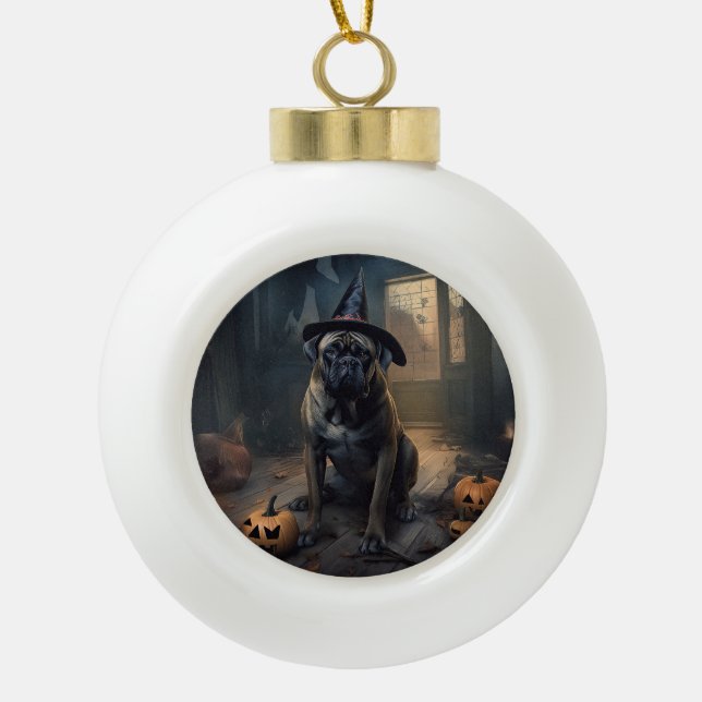 Bullmastiff Pumpkins Halloween Scary  Ceramic Ball Christmas Ornament (Front)