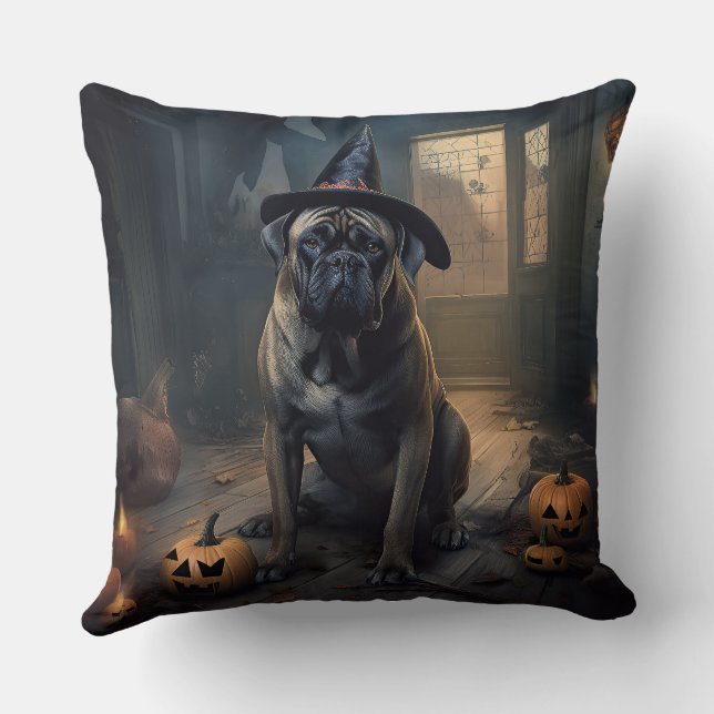 Bullmastiff Pumpkins Halloween Scary  Throw Pillow (Back)