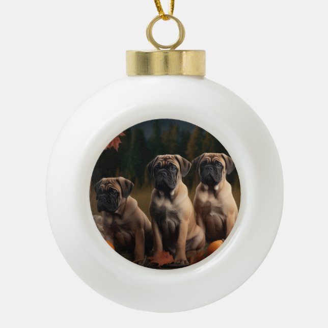 Bullmastiff  Puppy Autumn Delight Pumpkin Ceramic Ball Christmas Ornament (Front)