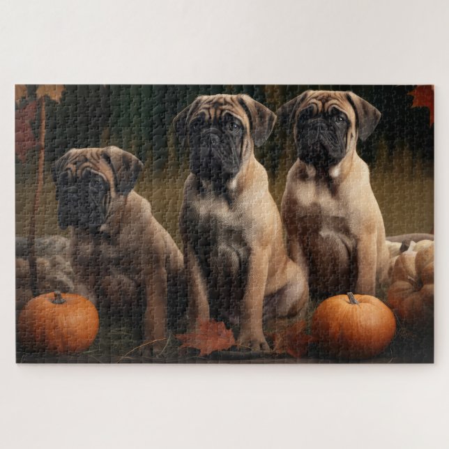 Bullmastiff  Puppy Autumn Delight Pumpkin Jigsaw Puzzle (Horizontal)