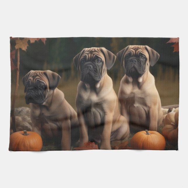Bullmastiff  Puppy Autumn Delight Pumpkin Kitchen Towel (Horizontal)