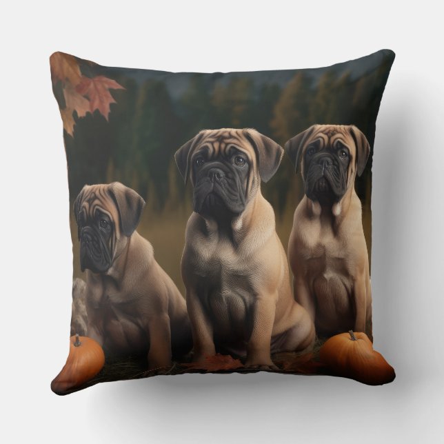 Bullmastiff  Puppy Autumn Delight Pumpkin Throw Pillow (Back)