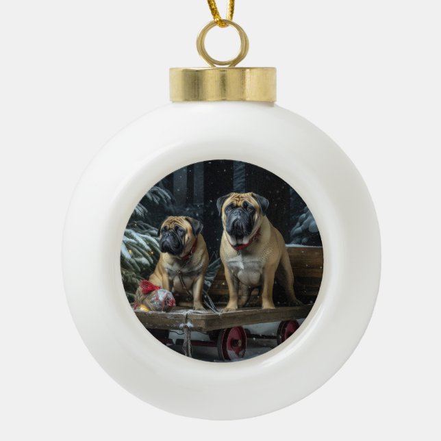 Bullmastiff Snowy Sleigh Christmas Decor  Ceramic Ball Christmas Ornament (Front)