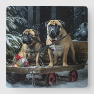 Bullmastiff Snowy Sleigh Christmas Decor Square Wall Clock