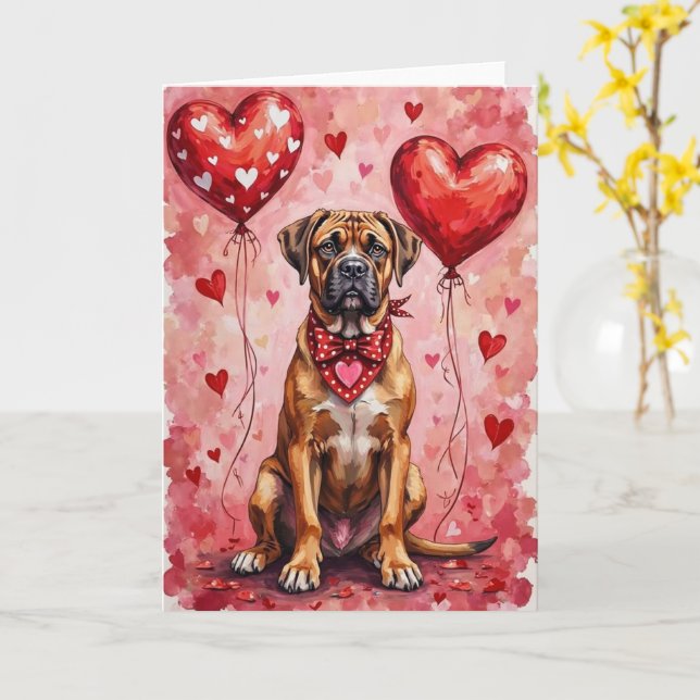 Bullmastiff Valentine’s Day Dog with Hearts Red Card (Yellow Flower)