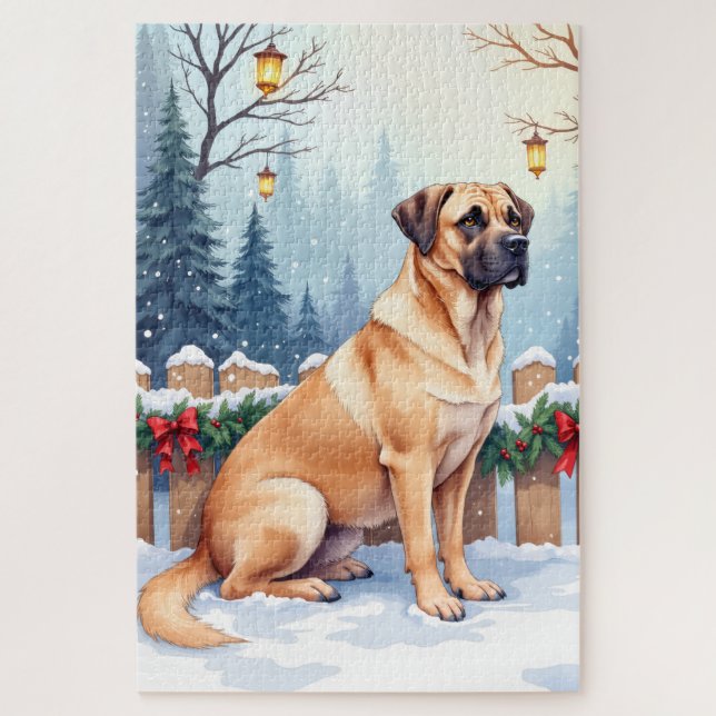 Bullmastiff Winter Forest Holly Christmas Art Jigsaw Puzzle (Vertical)