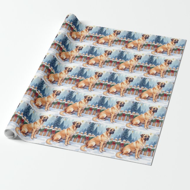 Bullmastiff Winter Forest Holly Christmas Art Wrapping Paper (Unrolled)