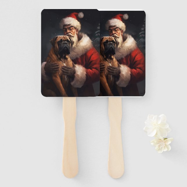 Bullmastiff With Santa Claus Festive Christmas  Hand Fan (Front and Back)