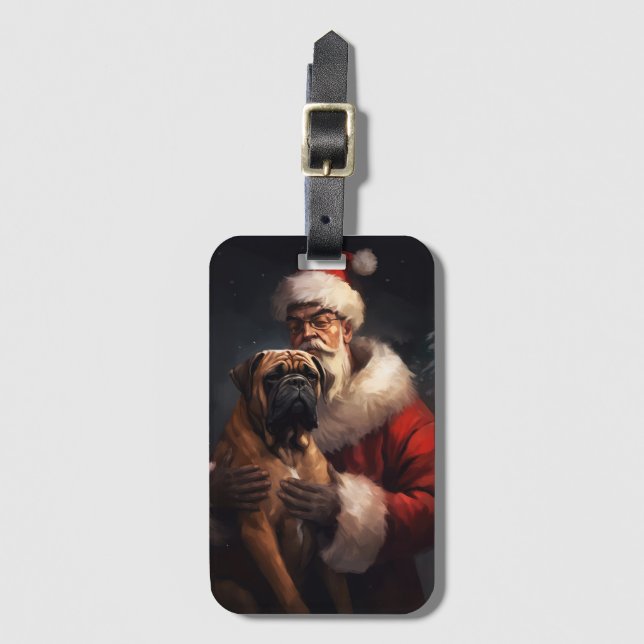 Bullmastiff With Santa Claus Festive Christmas  Luggage Tag (Front Vertical)