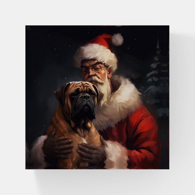 Bullmastiff With Santa Claus Festive Christmas  Paperweight (Front)