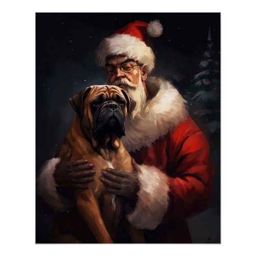 Bullmastiff With Santa Claus Festive Christmas  Poster