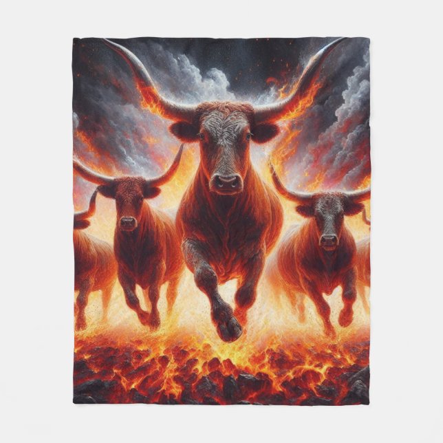 Bulls Charging Through a Fiery Landscape Fleece Blanket (Front)