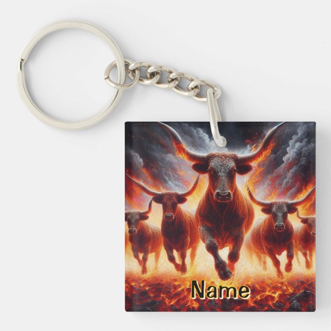 Bulls Charging Through a Fiery Landscape Keychain (Front)