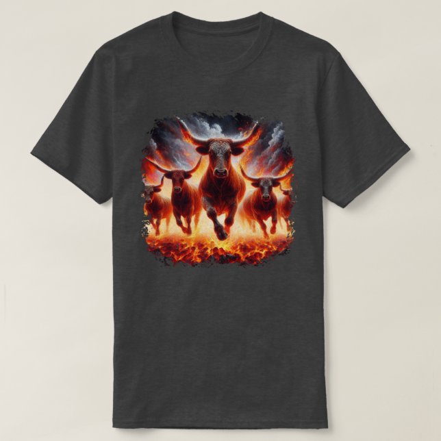 Bulls Charging Through a Fiery Landscape T-Shirt (Design Front)