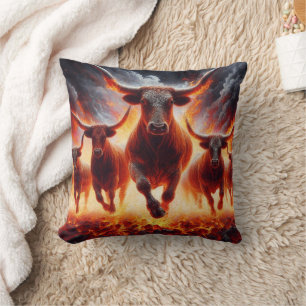 Bulls Charging Through a Fiery Landscape Throw Pillow