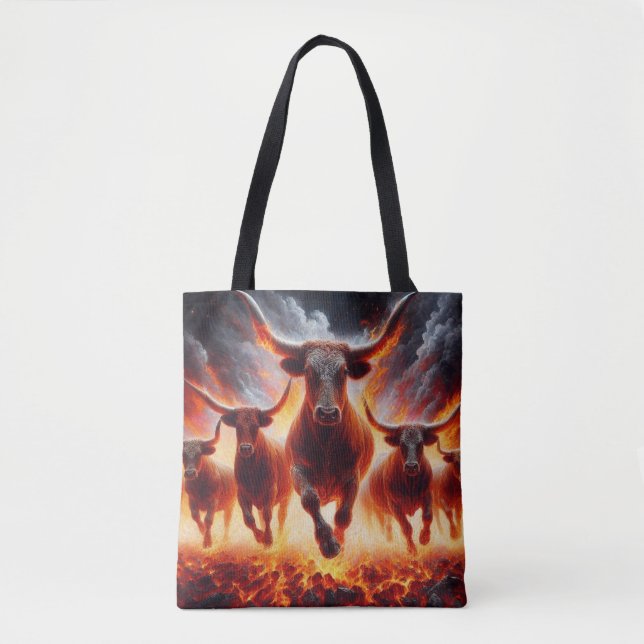 Bulls Charging Through a Fiery Landscape Tote Bag (Front)