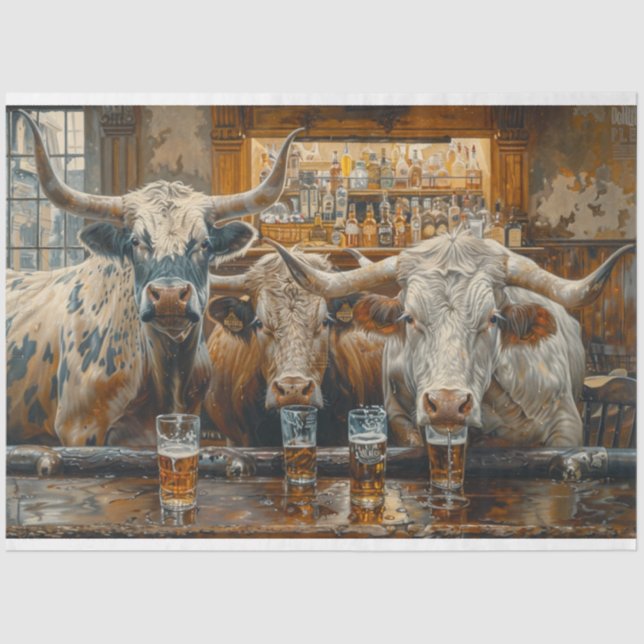 Bulls-Cows in a Western Saloon Decoupage Tissue Paper (Front)