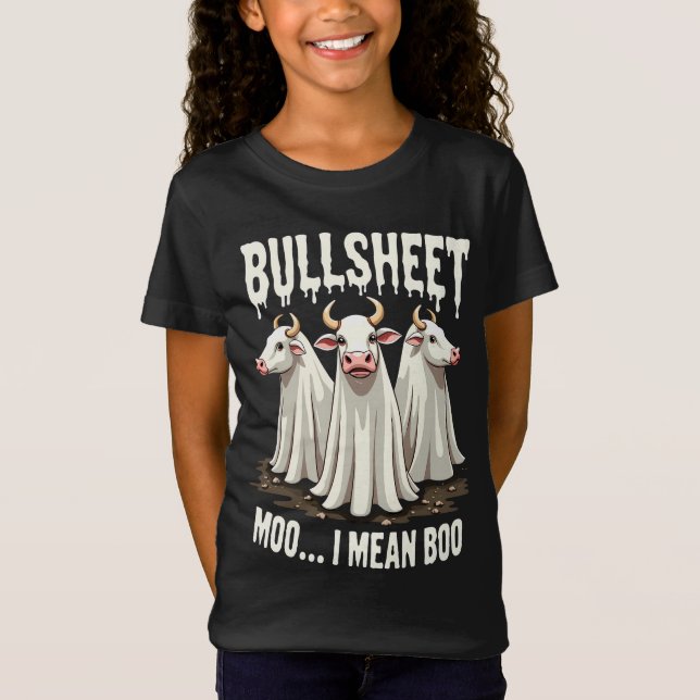 Bullsheet Moo I Mean Boo Funny Halloween Ghost Cow T-Shirt (Front)