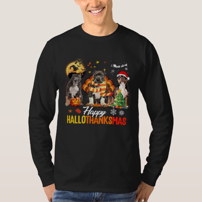 Bully Dog Happy Hallothanksmas Halloween Thanksgiv T-Shirt (Front)