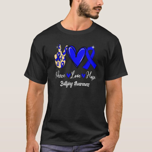 Bullying Awareness Peace Love Hope Blue Ribbon   T-Shirt (Front)