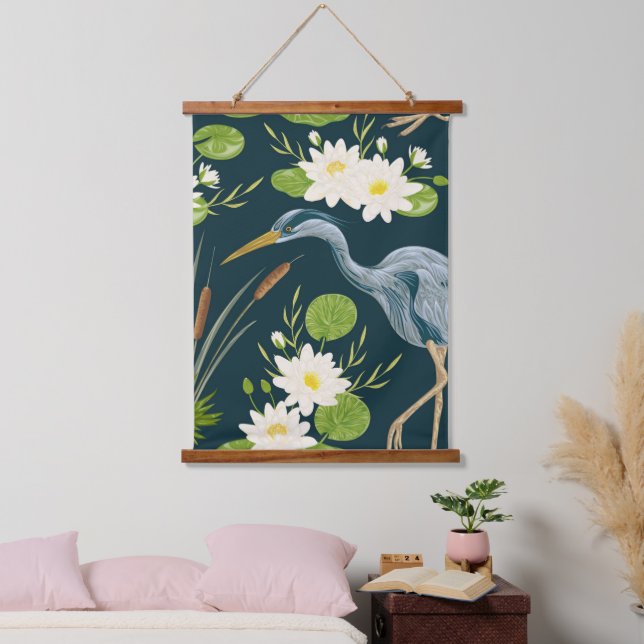 Bulrush Lily Flowers Bird Heron Floral Landscape Hanging Tapestry (Bedroom)