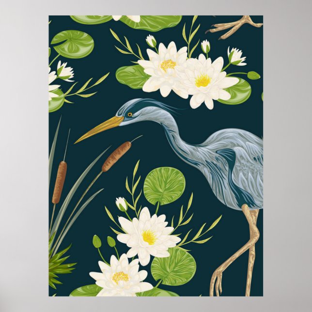 Bulrush Lily Flowers Bird Heron Floral Landscape Poster (Front)