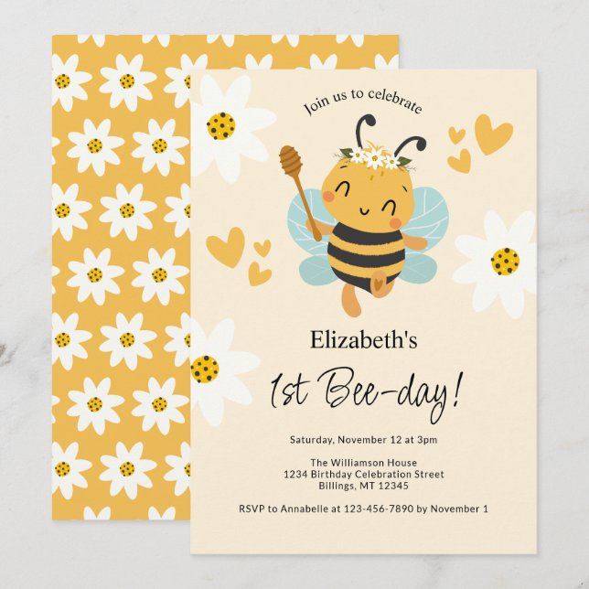 Bumble Bee 1st Bee-day Birthday Party Invitation (Front/Back)