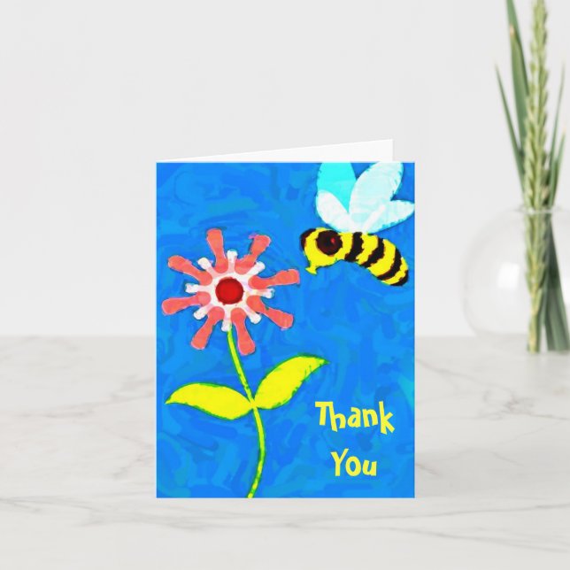 Bumble Bee and Flower Cartoon Thank You Note Card (Front)