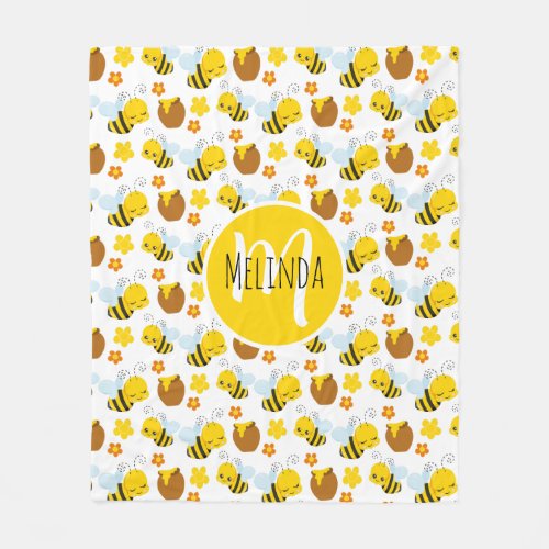 Bumble Bee and Flowers Pattern Monogram Fleece Blanket