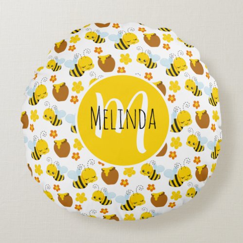 Bumble Bee and Flowers Pattern Monogram Round Pillow